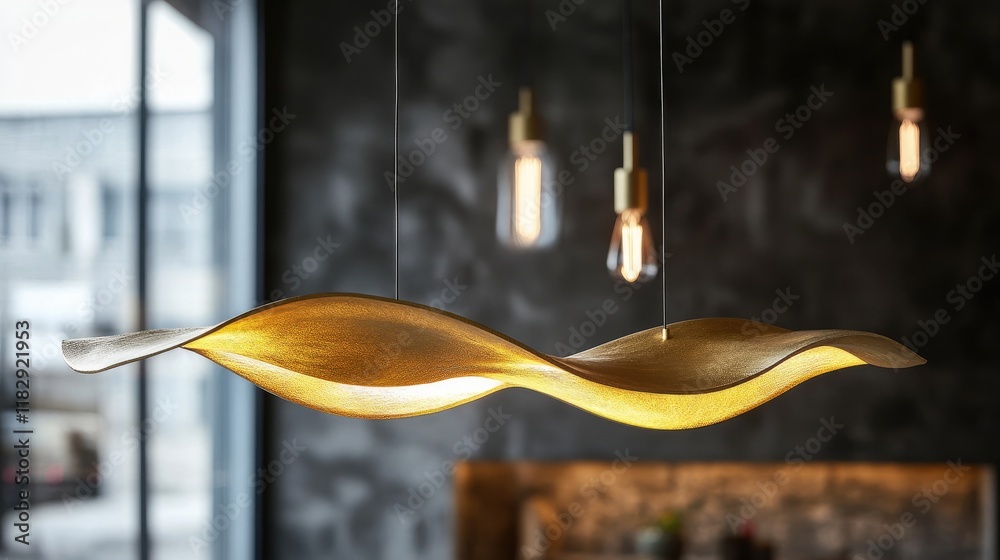 Poster a contemporary gold light fixture with a unique curved design, emitting warm, ambient light to add e