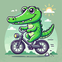 vector illustration of cartoon crocodile riding a bicycle