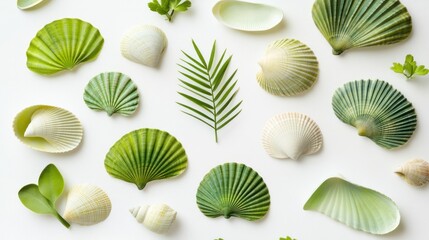 Seashells and green leaves arranged on white background.