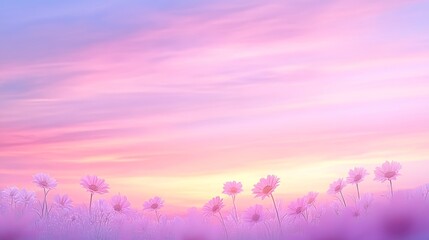 Pink Flowers Sunset Meadow Serene Peaceful Pastel Sky