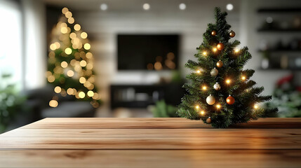 Christmas tree with ornaments and lights sits on a wooden table in a cozy living room, perfect for holiday gatherings.