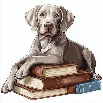 recommend clip art: Weimaraner dog lying on a stack of books illustration,  reading clip art element