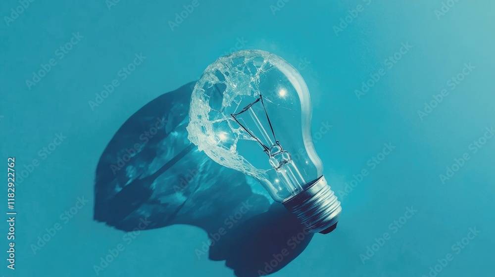 Poster a cracked light bulb lying against a smooth blue background, capturing the beauty of imperfection an