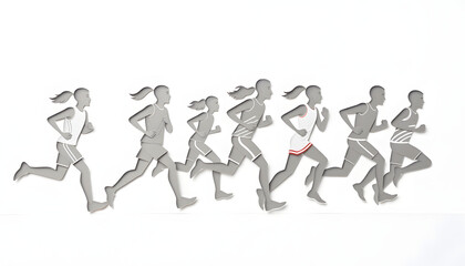 Group of sporty running people on white background, flat papercut style. isolated with white highlights