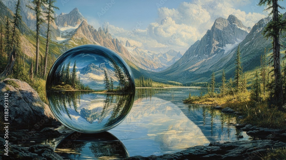 Poster a crystal ball resting on a surface, reflecting the clear, majestic mountain range and tranquil natu