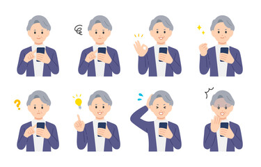 スマホを見ながらいろいろな表情･ポーズをするシニア女性･高齢者のセット【人物ベクターイラスト素材】
