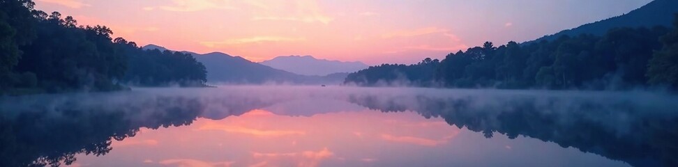 Obraz premium A serene lake at dusk with mist rising from its surface, dusk, mist, peaceful