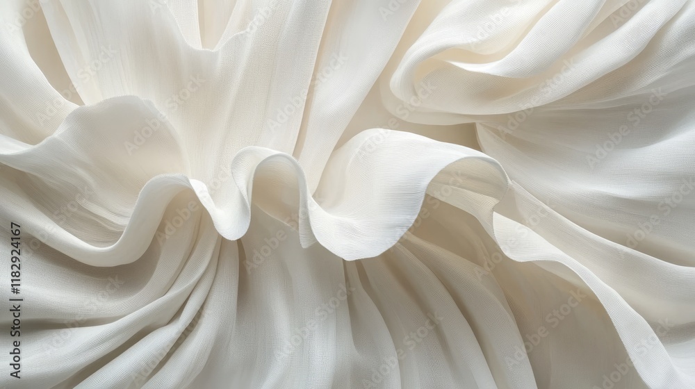 Poster A detailed view of white fabric with radial folds, showcasing the fluidity and texture of the material in a sophisticated composition.