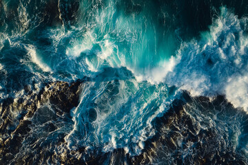 Top down aerial view of ocean wave crashing on coastline at sunset 