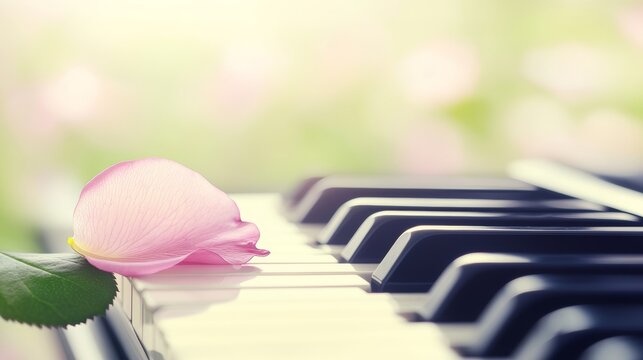 Pink Rose Petal on Piano Keys, Soft Focus Background