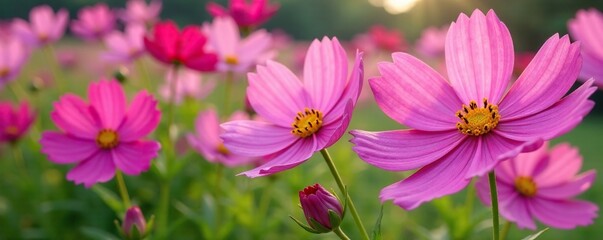 Fototapeta premium Cosmos flowers in full bloom with green stems and leaves, blooming, floral arrangement