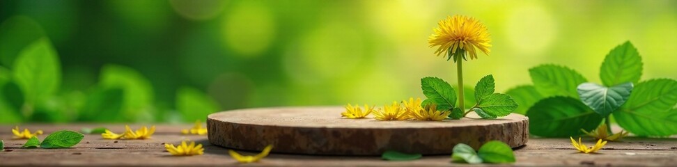 Dandelion seeds and green leaves on wooden podium with a natural texture, dandelion seeds, , green leaves