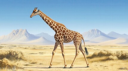 Obraz premium A giraffe walking across a dry savanna, framed by distant mountains and clear skies