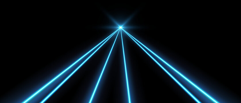 Blue laser beams, concert or nightclub spotlights light effect. Lasers in motion, abstract perspective background. Vector illustration.