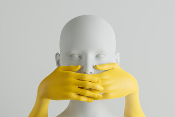 Mouth covering concept with hands to signify silence and restraint