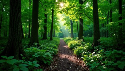 Fototapeta premium dense foliage surrounds a winding forest path, wood, scenery, nature