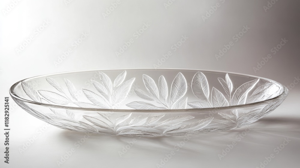 Poster a frosted glass platter with an intricate leaf pattern and oval design, exuding elegance and sophist