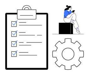Person sitting on a box using a tablet, large gear icon, and a checklist on a clipboard with checkmarks. Ideal for productivity, task management, project planning, workflow optimization, efficiency