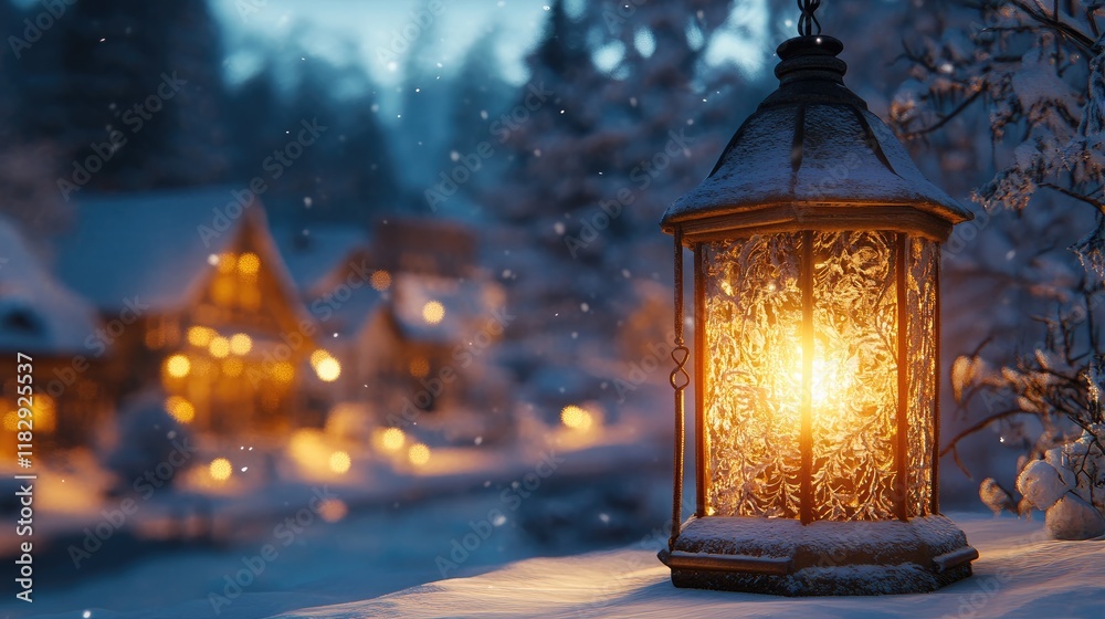 Poster A glowing winter lantern with intricate details, illuminating a snowy village and adding warmth to the chilly, peaceful scene.