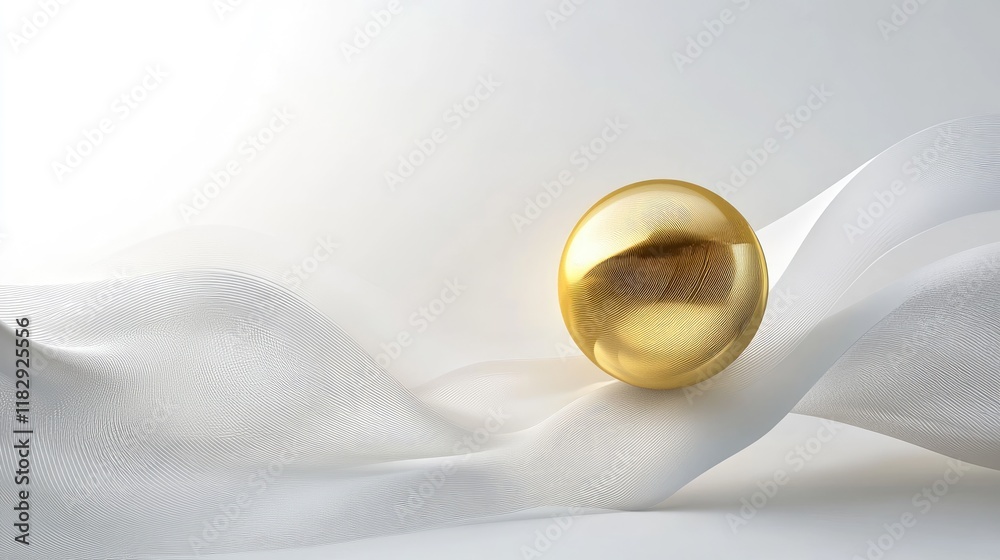 Poster a golden sphere against an abstract white background with fluid waves, showcasing elegance and a sen