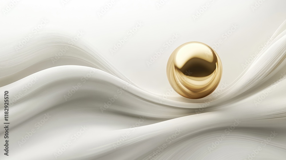 Poster a golden sphere against an abstract white background with fluid waves, showcasing elegance and a sen