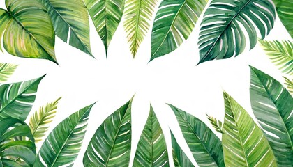 Vibrant watercolor tropical leaves create a lush, exotic frame.