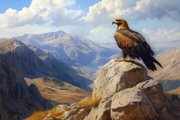 A golden eagle perched on a rocky outcrop, surveying the mountain valley below
