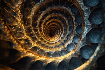 A golden fractal pattern, swirling like a vortex, set against a dark backdrop