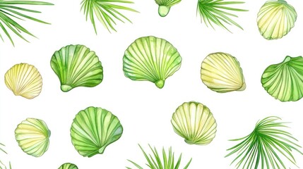 Fototapeta premium Green seashells and palm leaves pattern.