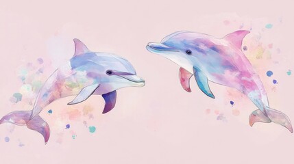 Two pastel watercolor dolphins leaping.