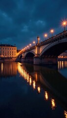 Glowing bridge lights reflected in the calm river surface at night, water, serene, atmosphere