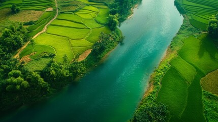 Aerial landscape in Phong Nam valley, Cao bang province, Vietnam with river, nature, rice fields, beautiful destination in Northern Vietnam  - ai