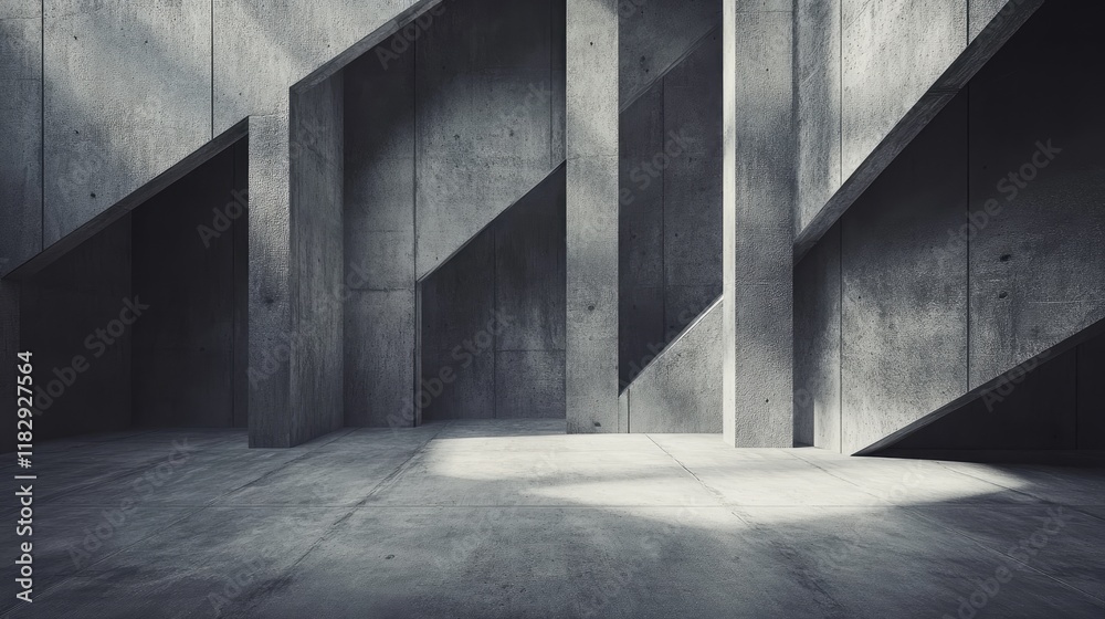 Poster A minimalist modern space with overlapping dark concrete panels arranged in a geometric pattern, creating a bold and contemporary aesthetic.
