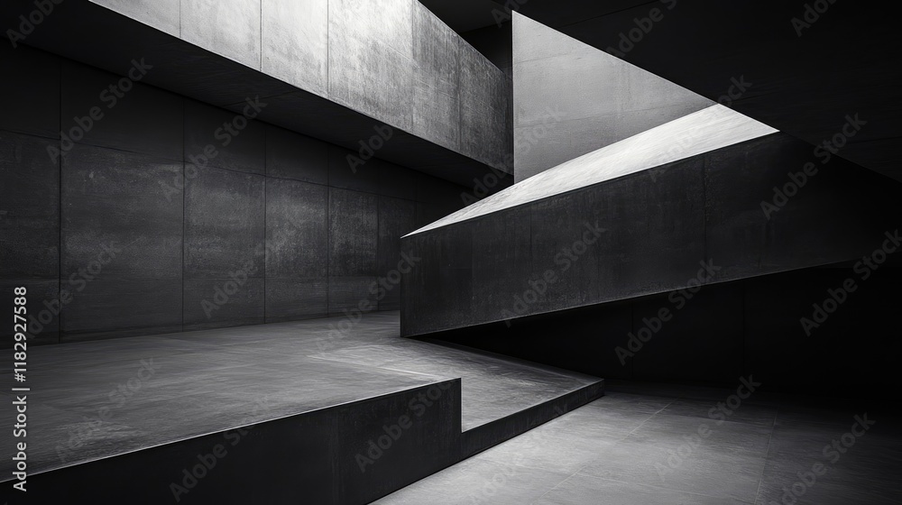 Aufkleber a minimalist modern space with overlapping dark concrete panels arranged in a geometric pattern, cre