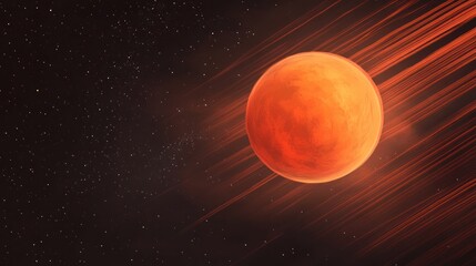Red planet in space with streaks of light.