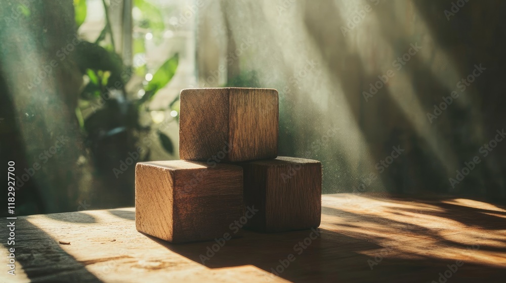 Poster a minimalist scene of rustic wooden blocks stacked on a table, bathed in warm sunlight, evoking a se