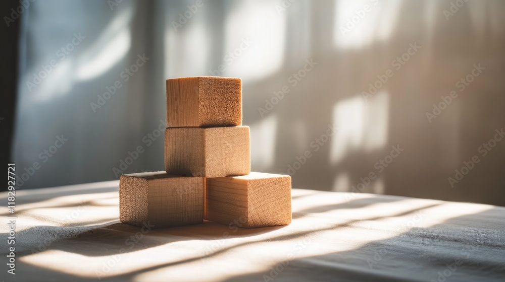 Poster a minimalist scene of rustic wooden blocks stacked on a table, bathed in warm sunlight, evoking a se
