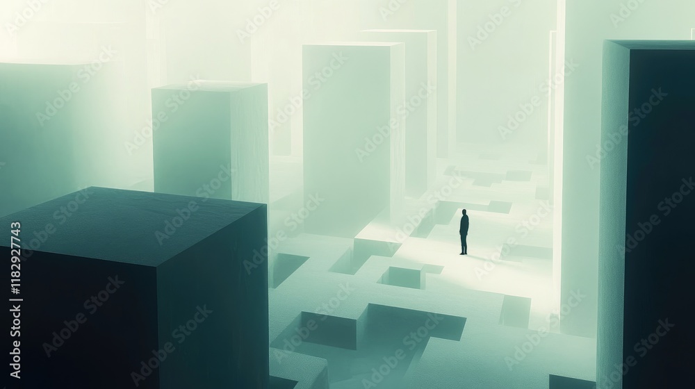 Poster a minimalist scene showing a lone individual in a complex geometric maze, embodying the concept of s