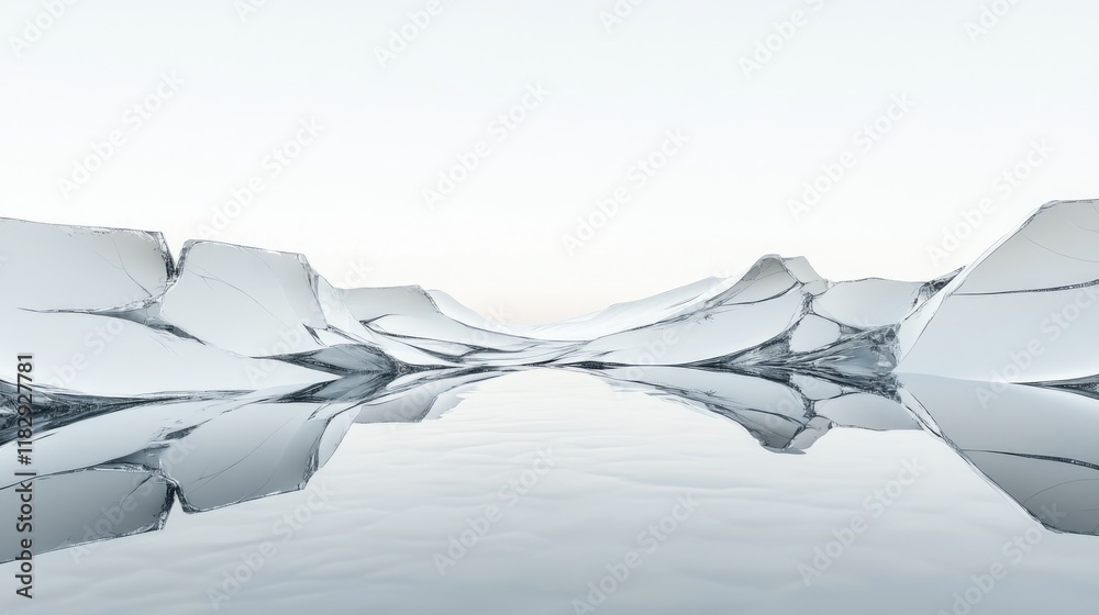 Poster A minimalist shot of cracked mirror shards reflecting the sky against a clean white surface, creating a striking balance between chaos and calm.