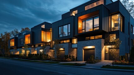 Fototapeta premium Modern Townhouses at Dusk: Architectural Marvel