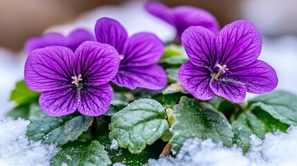 Obraz premium Purple Flowers Blooming in Winter Snow