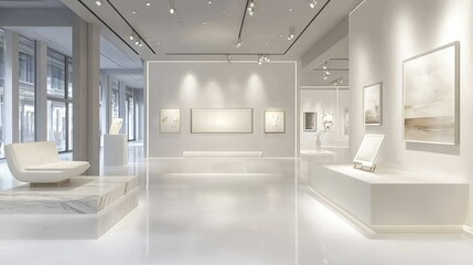 A minimalist white gallery with modern decor and graceful displays of art, offering a serene and elegant ambiance for contemporary exhibitions.