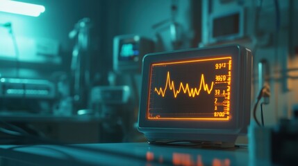 a close-up of a heart rate monitor displaying a steady pulse line on a glowing screen, set in a dimly lit hospital room with subtle medical equipment in the background.