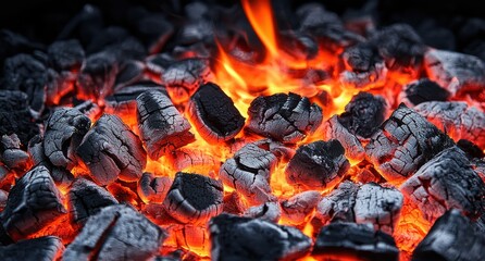Glowing Charcoal with Bright Flames and Hot Ashes Creating a Fiery Backdrop, Perfect for BBQs, Campfires, and Cooking Images or Backgrounds