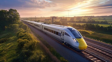 Fototapeta premium A modern high-speed train cutting through vibrant countryside at dusk, with vivid skies and a tranquil rural setting.