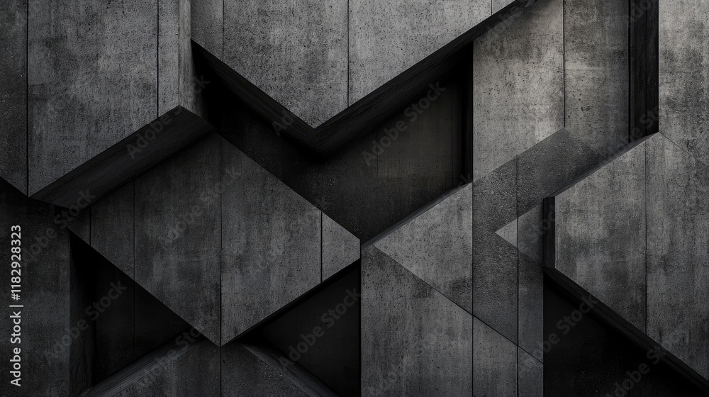 Poster A modern interior design featuring overlapping dark concrete panels with a bold geometric pattern, creating a striking and sophisticated look.