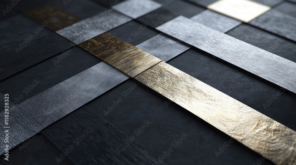 Poster A modern monochrome abstract design featuring woven metallic strips, with clean lines and simple textures creating a minimalist composition.