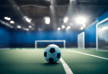 soccer futuristic copy space blue ball white glowing line field indoor futsal black beam light concept playground league football empty tournament match stadium na