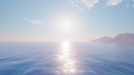 Fototapeta premium Serene ocean sunrise with calm water and distant mountains.