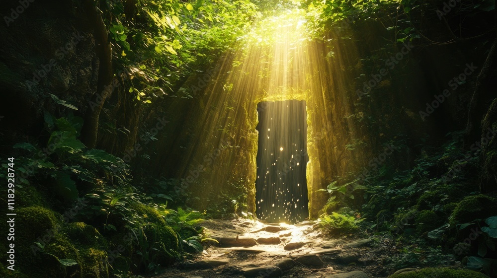 Poster a mystical forest scene with a portal hidden among lush vegetation, illuminated by sunbeams and acco